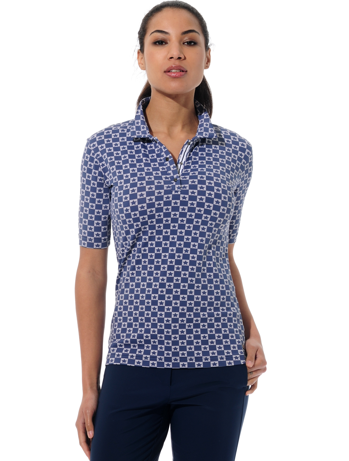 Chessboard print polo shirt navy/grey 