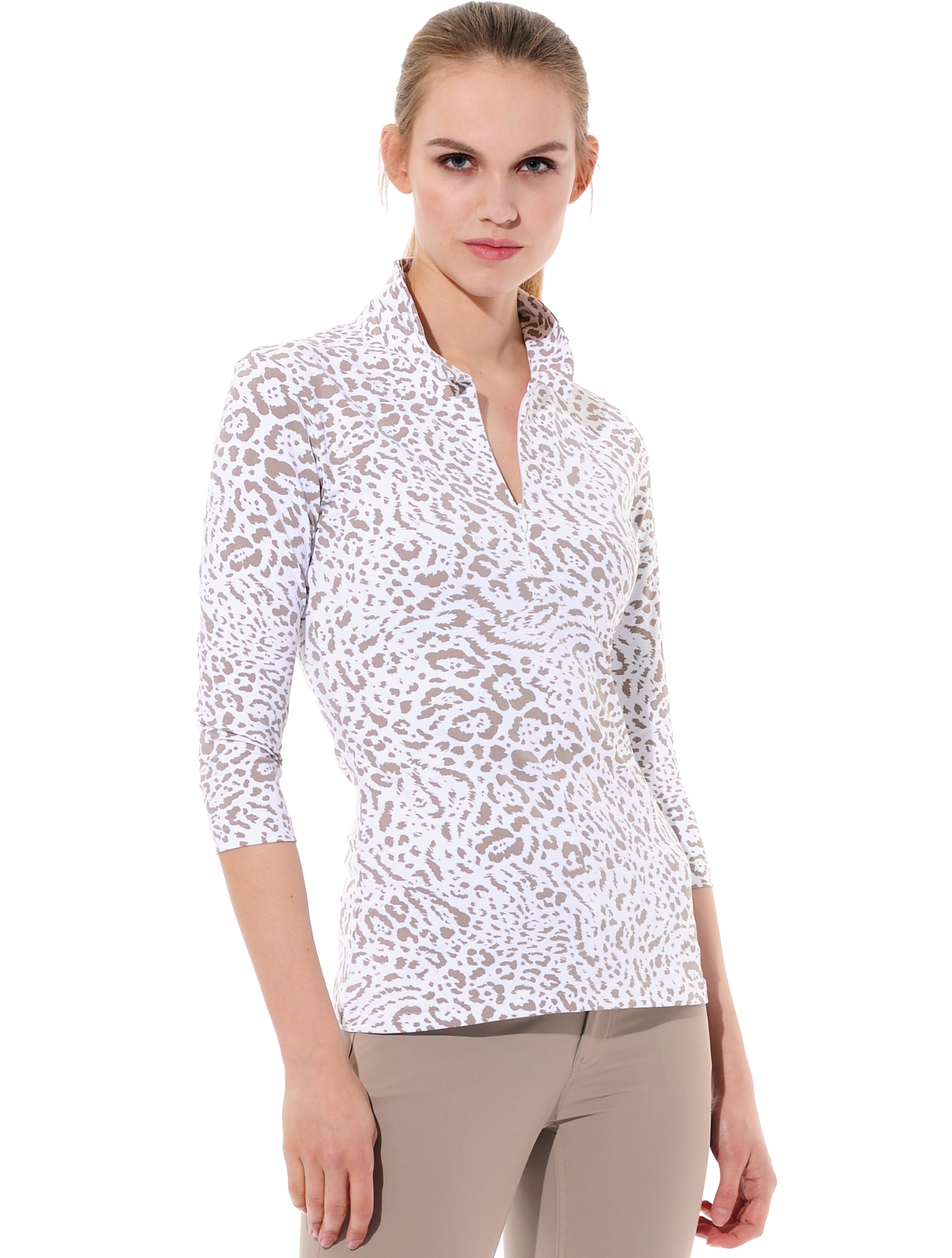 Ocelot print zip polo shirt taupe 