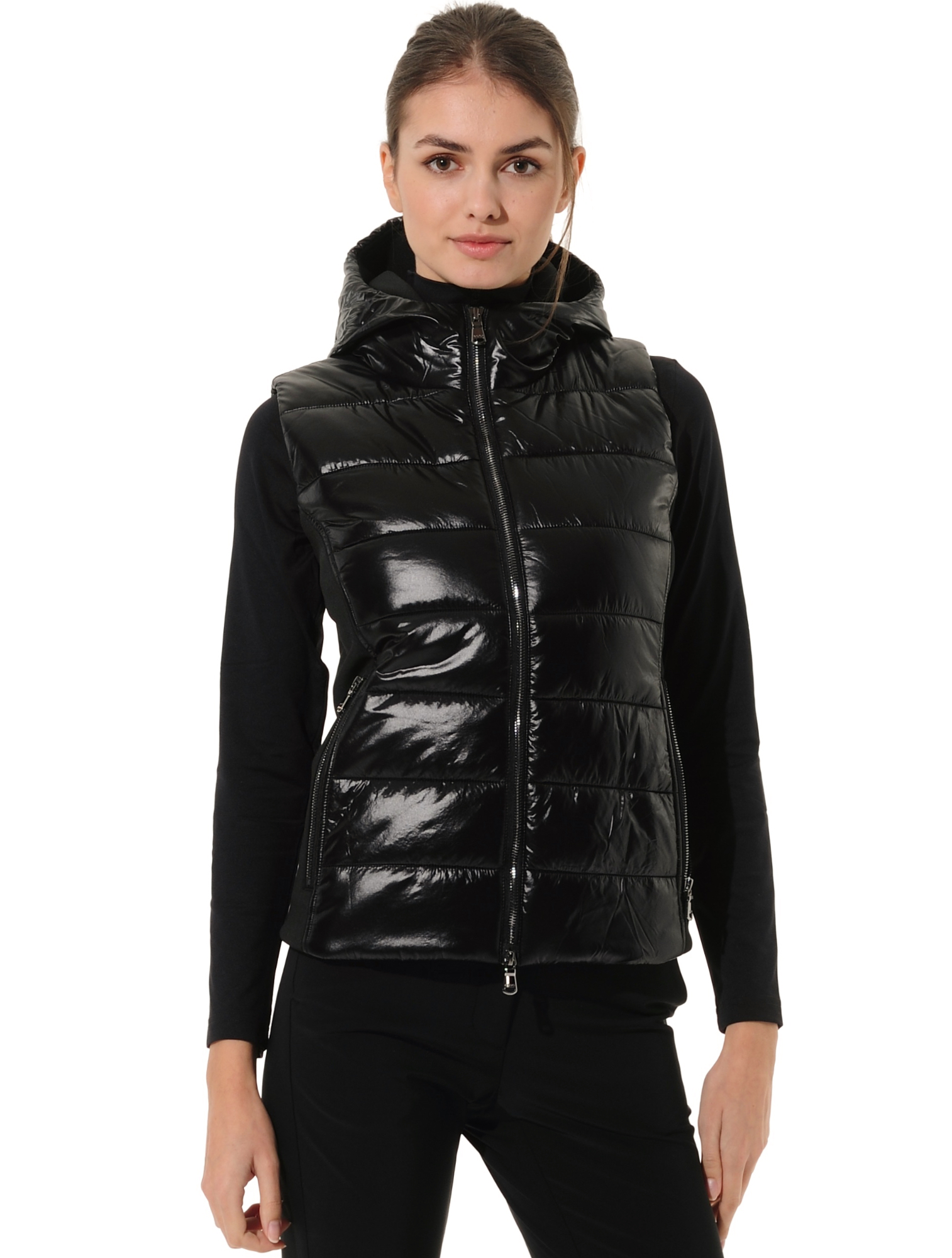 Shiny hooded vest black