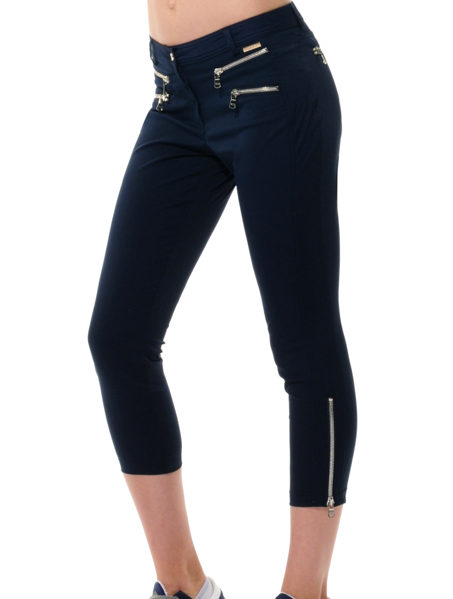 shiny stretch double zip cropped pants navy 