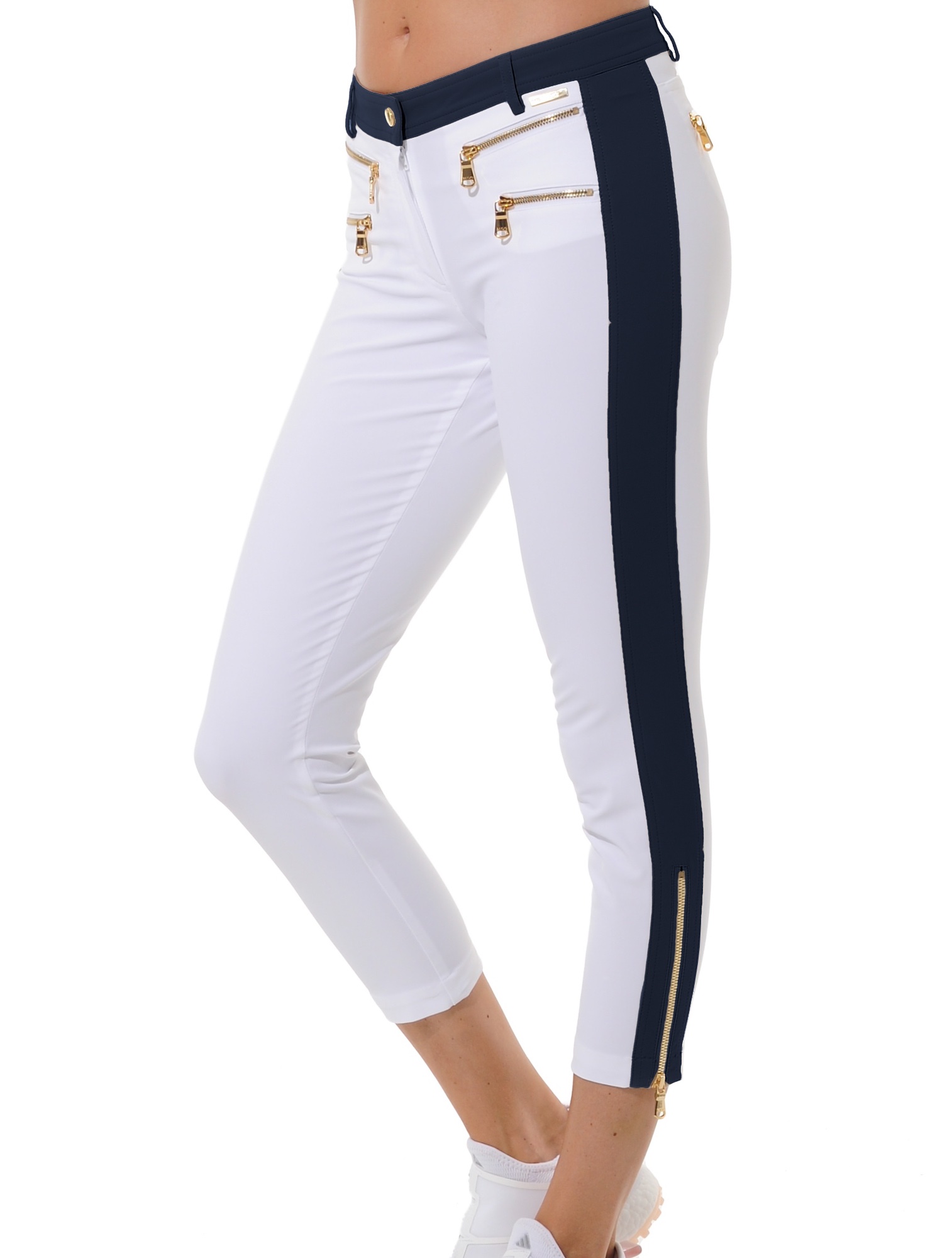 4way stretch shiny gold double zip cropped pants white/navy