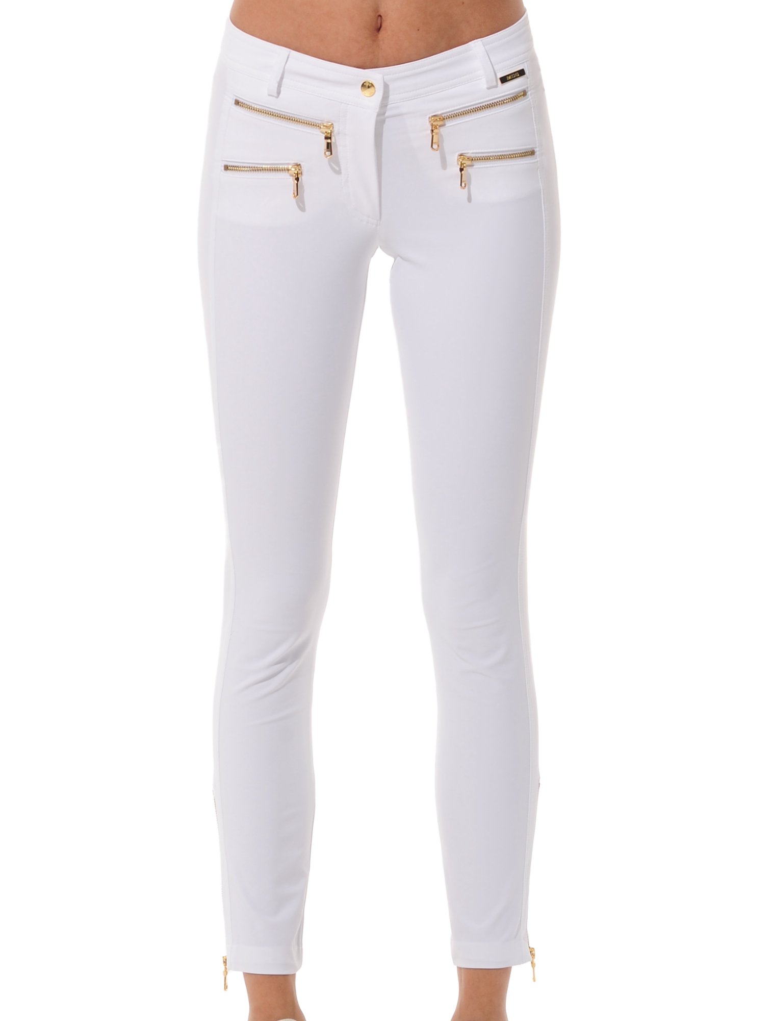 4way stretch shiny gold double zip ankle pants white 