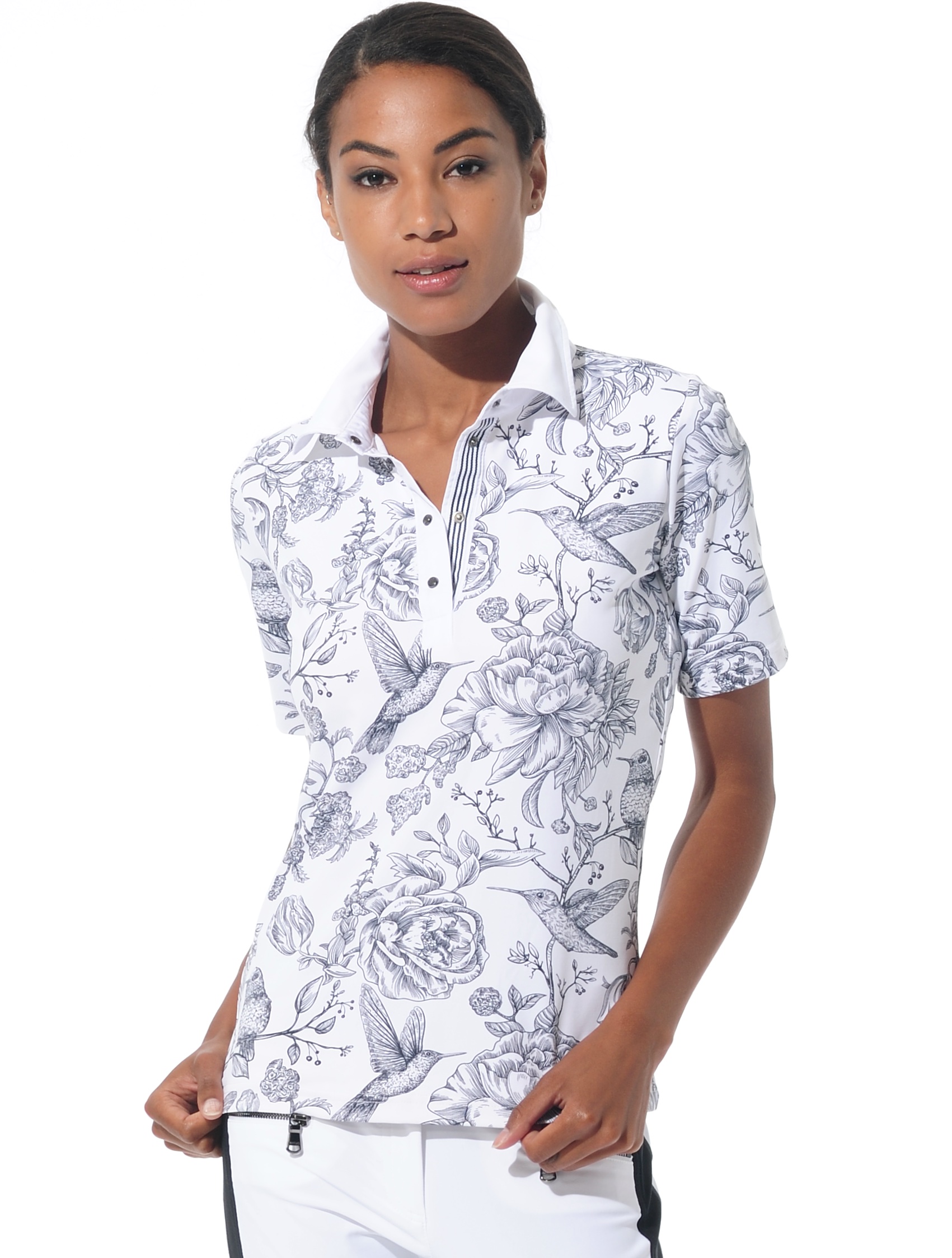 Flower Bird print polo shirt black/white 